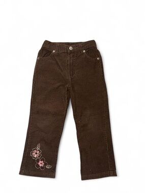 Vintage Kids play Brown Corduroy pants with Pink Flower Embroidery
